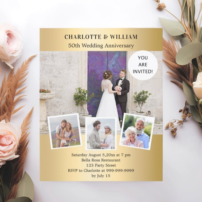 Papier 50e anniversaire mariage invitation photo or (Créateur téléchargé)