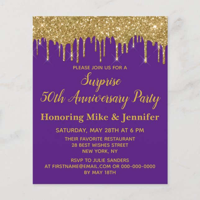 Papier 50e Invitation de la fête de surprise d'or violet (Devant)
