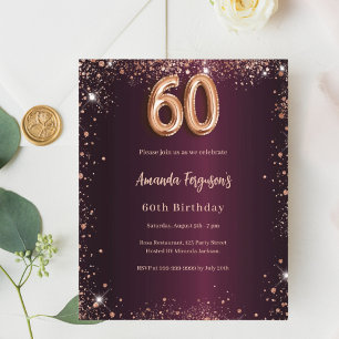 Papier 60e anniversaire burgundy rose or invitation