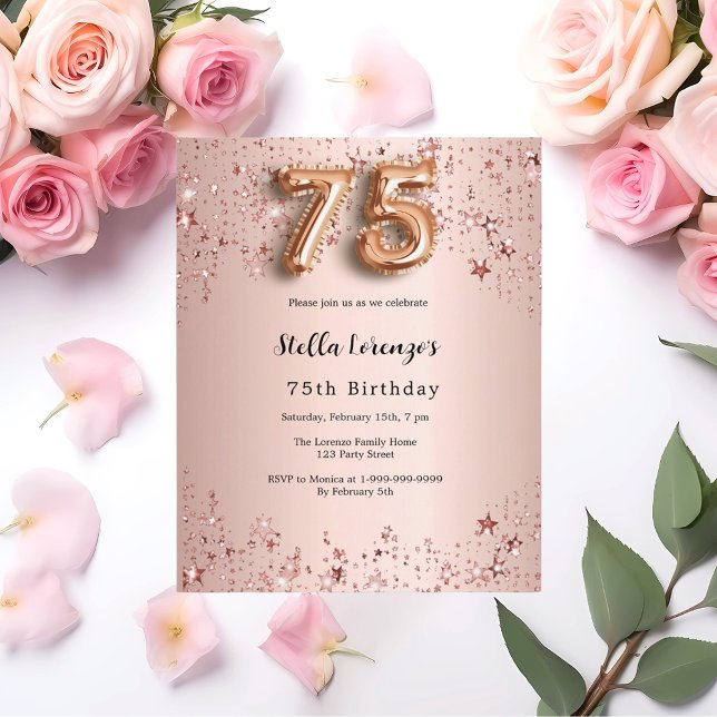 Papier 75e anniversaire rose or rose étoiles invitation (Créateur téléchargé)