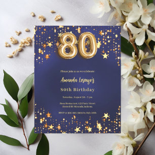 Papier 80e anniversaire marine bleu or étoiles invitation