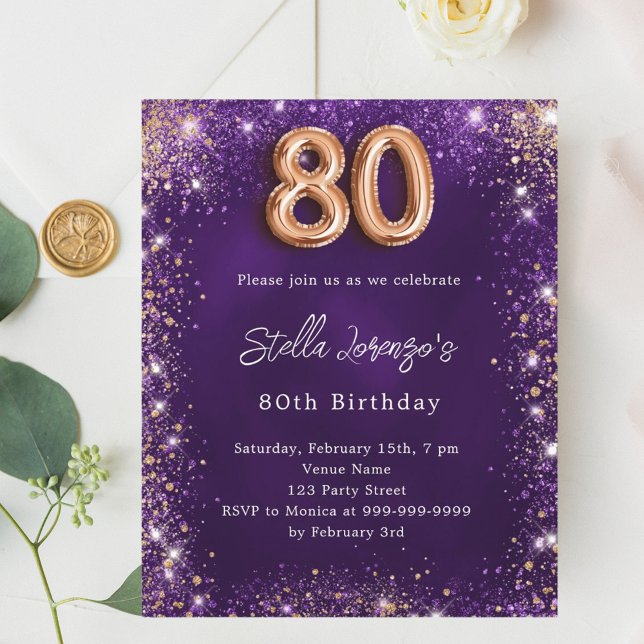 Papier 80e Anniversaire violet rose d'or invitation (Créateur téléchargé)