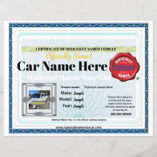 Papier 8x11 Nom national Votre voiture certificat officie