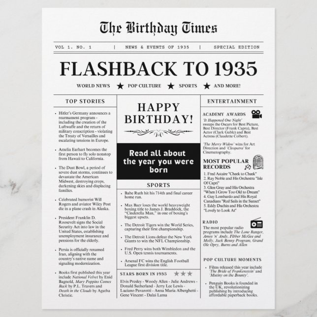 Papier 90e anniversaire journal 1935 Monotone (Devant)