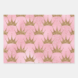 Papier à enveloppement rose avec couronnes dorées