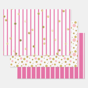 Papier à envelopper - Pois  à bandes d'or rose