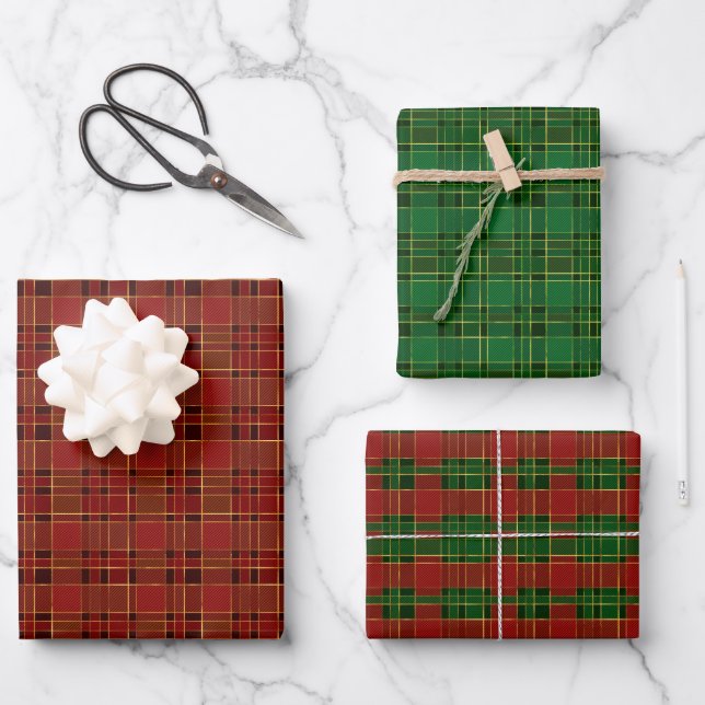 Papier à envelopper rouge vert Noël Plaid Set de 3 (Recto)