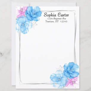 Papier à lettres chic floral bleu et rose