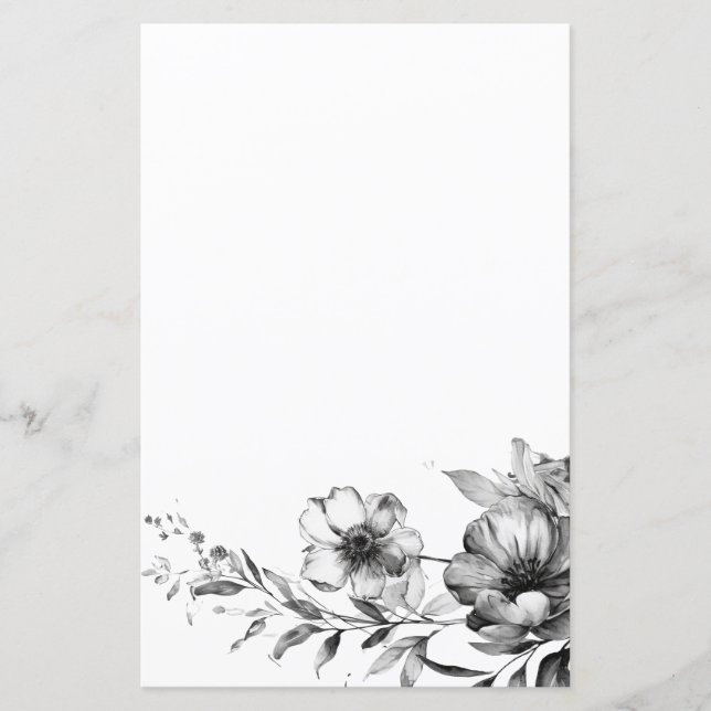 Papier à lettres peint à la florale noir et blanc (Devant)