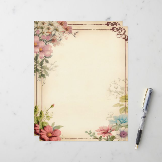 Papier à lettres scrapbook floral Shabby Chic (Devant/Arrière en situation)