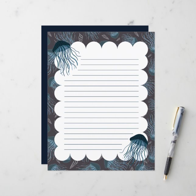 Papier à papeterie doublé de méduses (Devant/Arrière en situation)