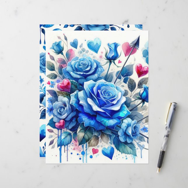Papier à papier pour scrapbook bleu Valentine Wate (Devant/Arrière en situation)