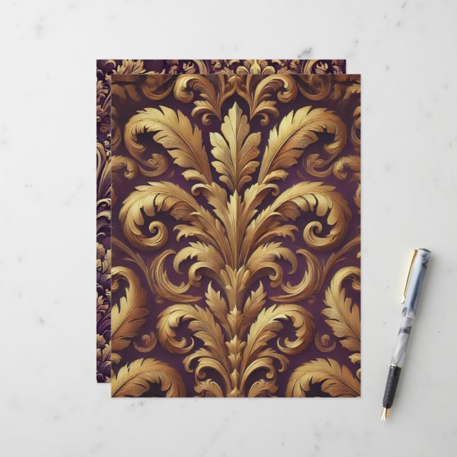 Papier à rebut Acanthus Victorian Purple & Gold (Devant/Arrière en situation)