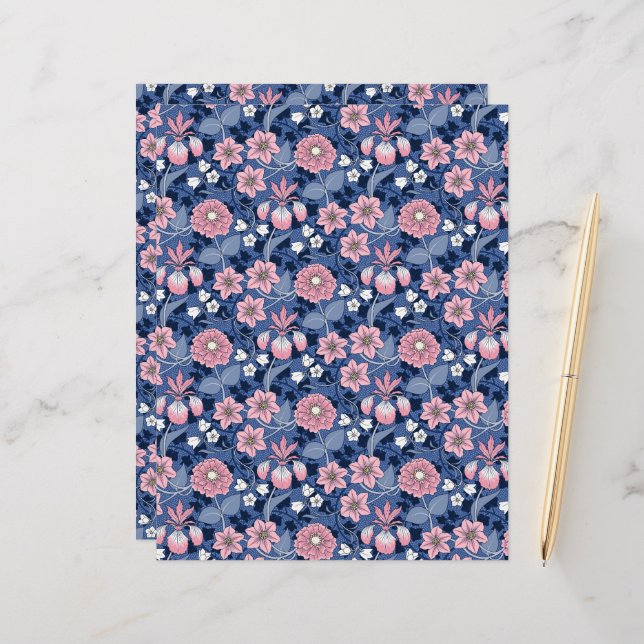 Papier à rebut bleu et rose de fleurs victorienne (Devant/Arrière en situation)