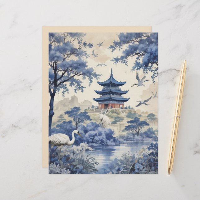 Papier à scandale vintage Blue Willow Dreams (Devant/Arrière en situation)