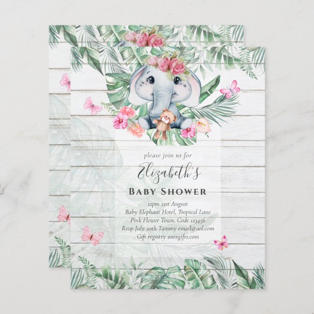 Papier Adorable Baby Elephant Girls Baby showers Invitati (Devant / Derrière)