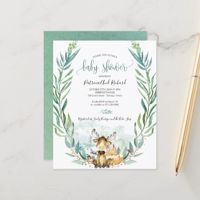 Papier Adorable Baby shower de bois Invitations budgétair (Devant/Arrière en situation)