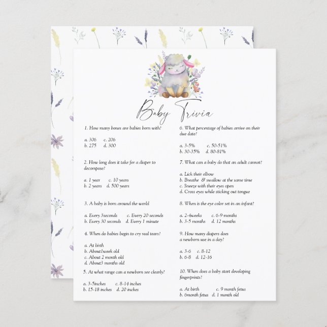 Papier Agneau - Trivia bébé | Jeu Baby shower (Devant / Derrière)