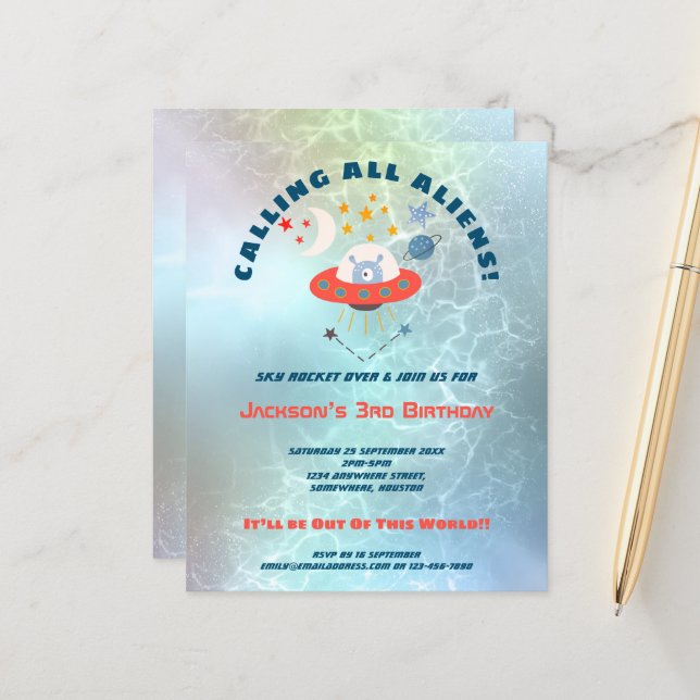 Papier Aliens budgétaires 3e fête d'anniversaire Invitati (Devant/Arrière en situation)