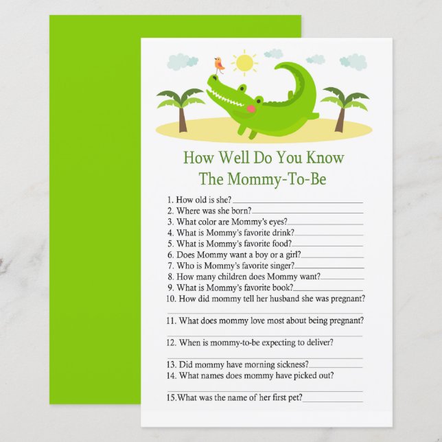 Papier Alligator Connaissez-vous bien le jeu baby shower (Devant / Derrière)