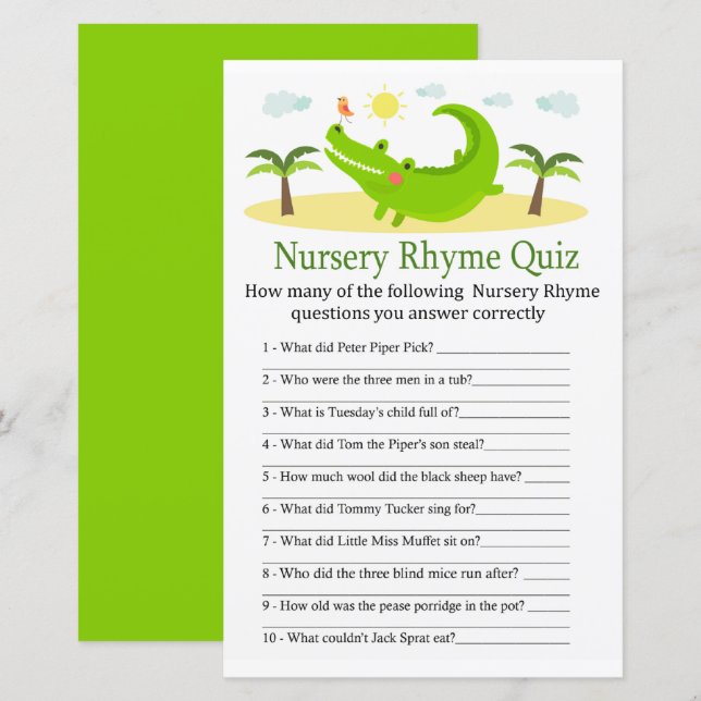 Papier Alligator Nursery Rhyme Quiz jeu de baby shower (Devant / Derrière)