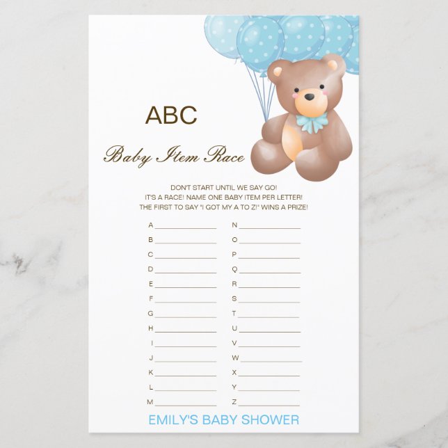 Papier Alphabet Baby Item Baby shower Jeu IMPRIMÉ (Devant)