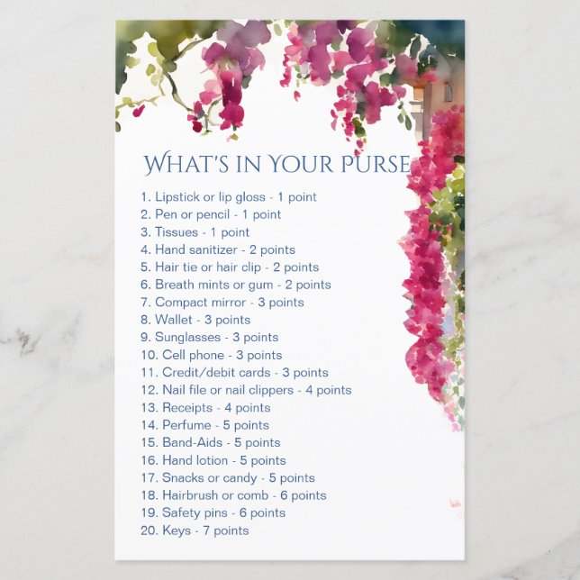Papier Amalfi bridal shower games whats in your purse (Devant)