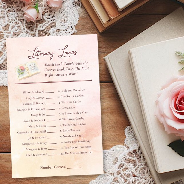 Papier Amoureux de la littérature Jeu de Fête des mariées (Literary Lovers Bridal Shower Quiz Game)