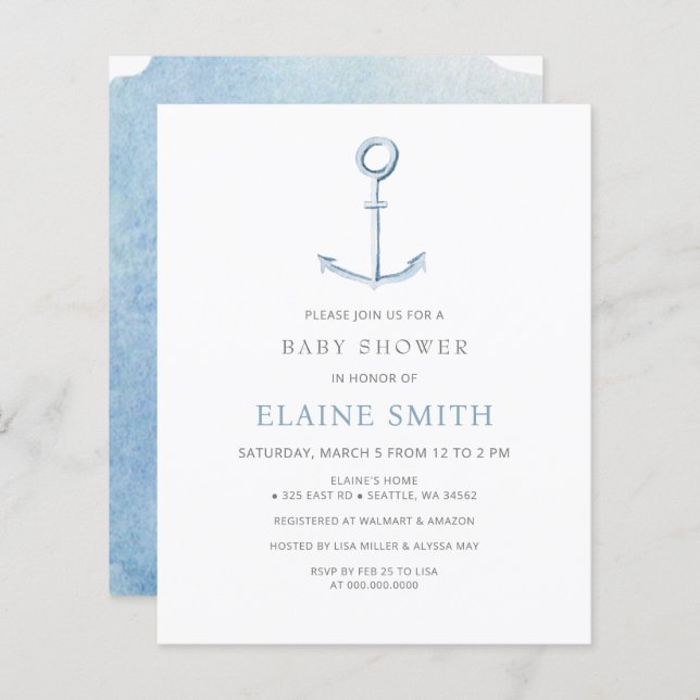 Papier Ancre budgétaire Baby shower bleu nautique Invitat (Devant / Derrière)
