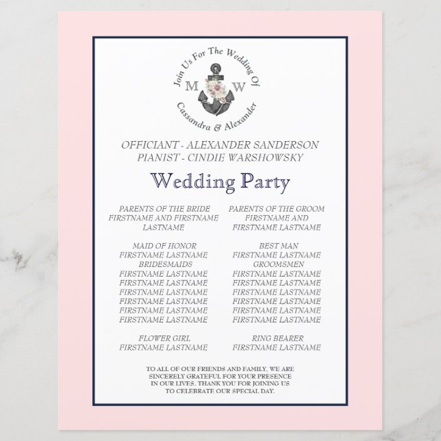 Papier Ancre florale Mariage nautique bleu marine rose (Dos)