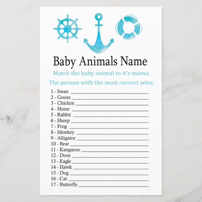Papier Ancre nautique Bébé Animaux Nom Jeu (Devant)