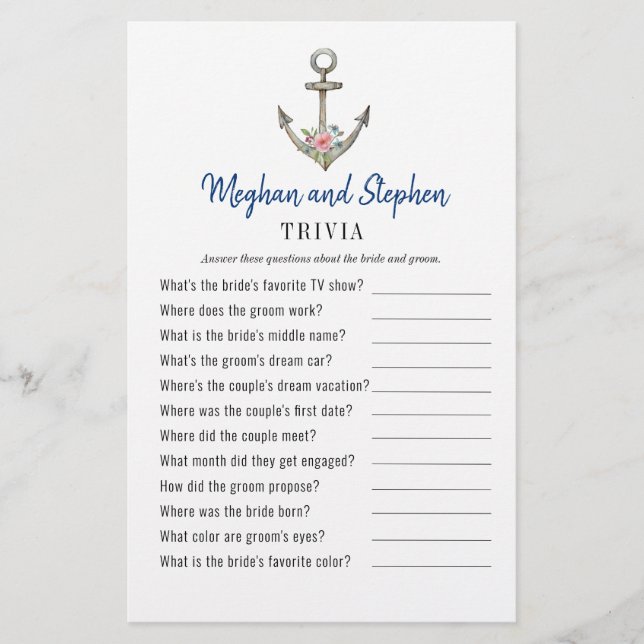 Papier Ancre nautique Couple's Shower Trivia jeux (Devant)