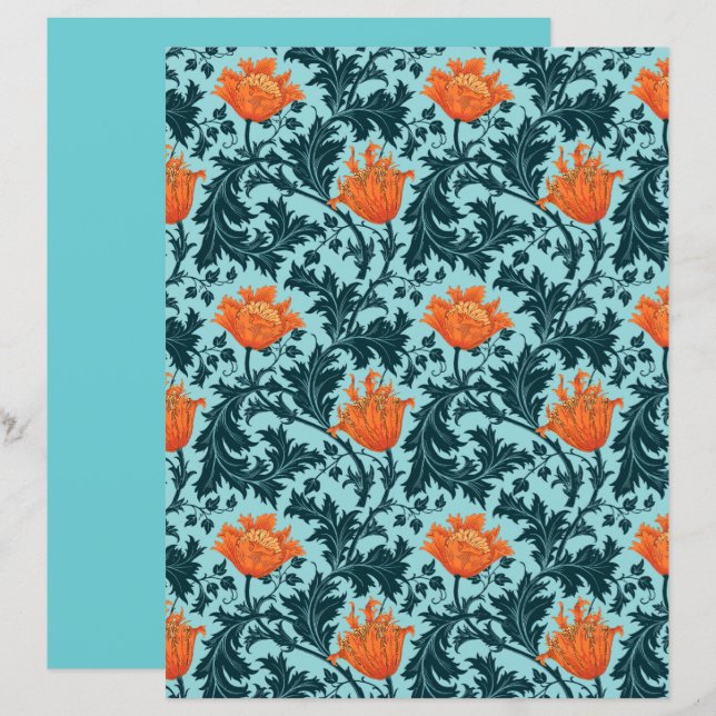 Papier Anémone William Morris, bleu indigo et corail   (Devant / Derrière)