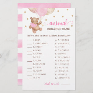 Papier Animal Gestation Jeu Baby shower Teddy Bear
