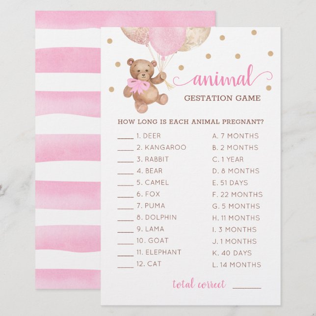 Papier Animal Gestation Jeu Baby shower Teddy Bear (Devant / Derrière)