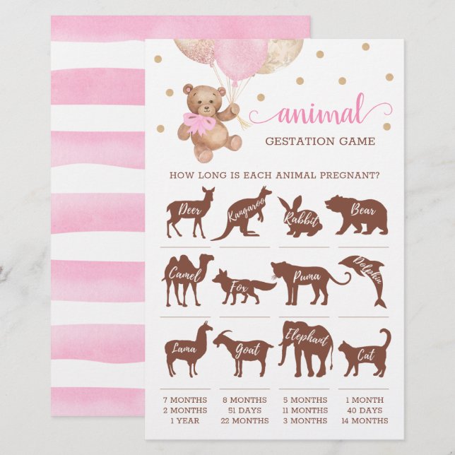 Papier Animal Gestation Jeu Baby shower Teddy Bear (Devant / Derrière)
