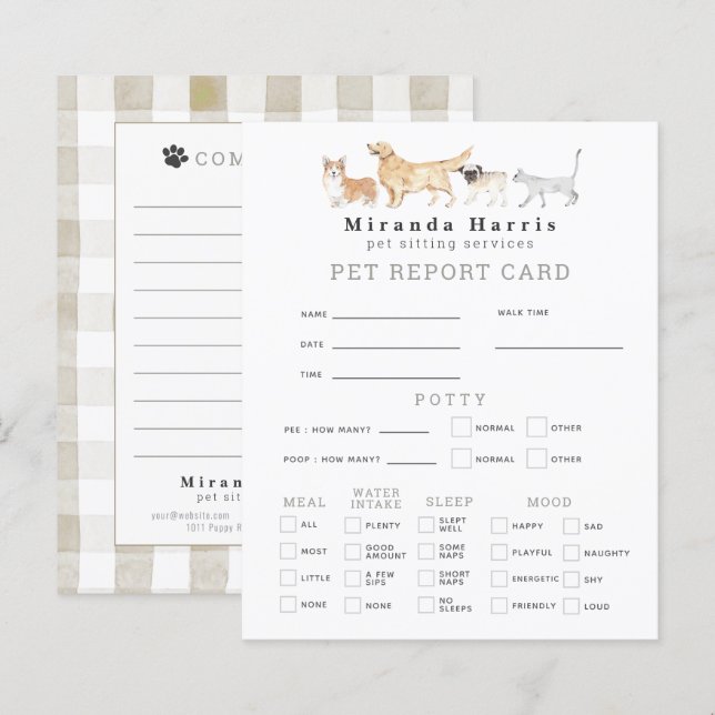 Papier Animals Pet Sitter Dog Walker Pet Report Card (Devant / Derrière)