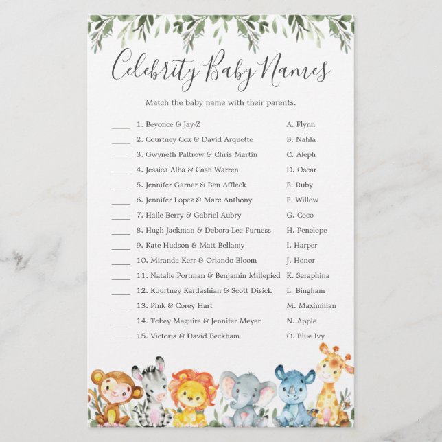 Papier Animaux Baby shower Celebrity Baby Names Jeux (Devant)