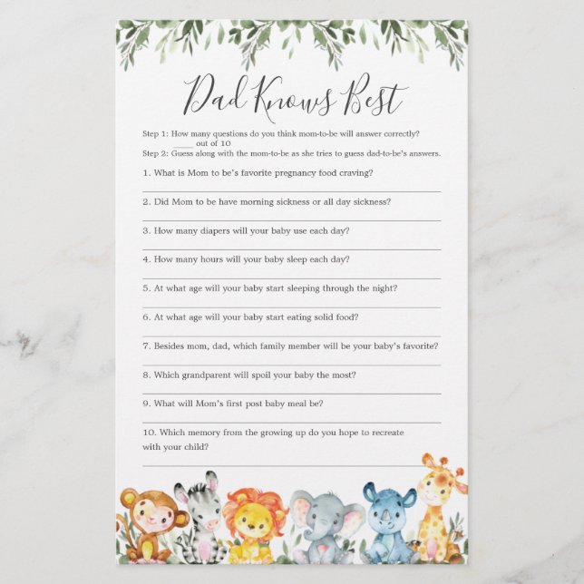 Papier Animaux Baby shower Papa connaît le meilleur jeu (Devant)