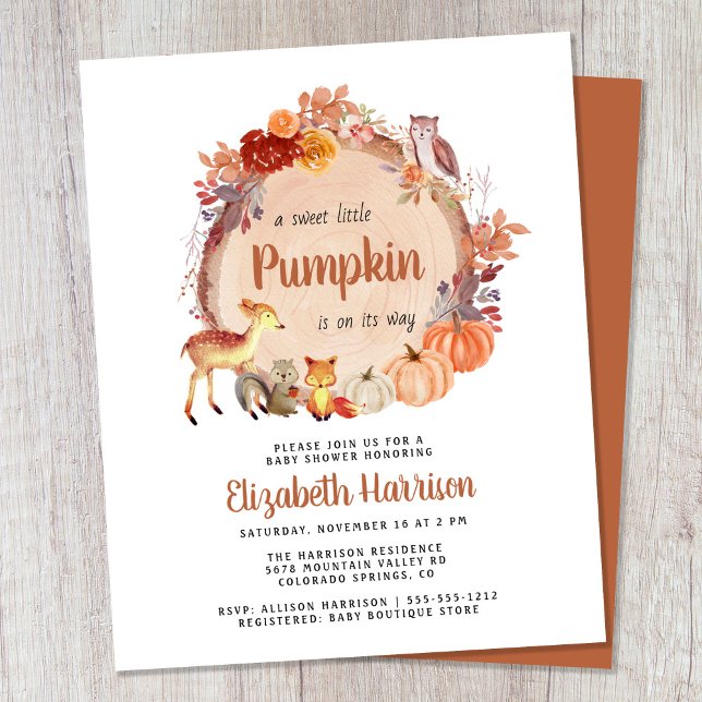 Papier Animaux de bois Invitation Baby shower Citrouille (Celebrate the upcoming arrival of your sweet little autumn baby with a pumpkin-themed baby shower)