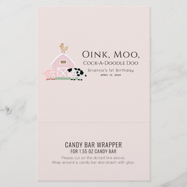 Papier Animaux de ferme rose Anniversaire Barre de bonbon (Devant)