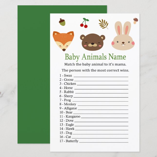 Papier Animaux de forêt Bébé Animaux Nom Jeu (Devant / Derrière)