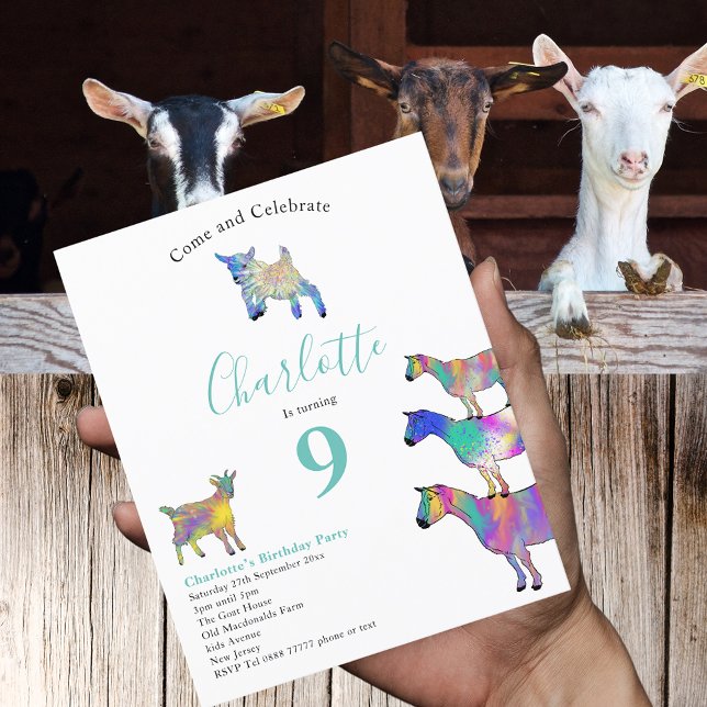 Papier Animaux de la ferme de chèvres 9e fête d'anniversa (Goats farm animals 9th birthday party budget invitation watercolor animal art )
