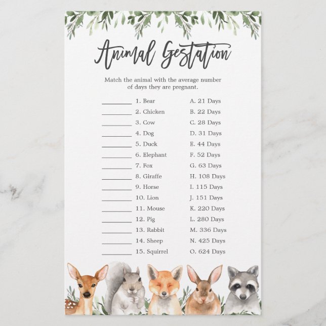 Papier Animaux des bois Baby shower Animal Gestation jeu (Devant)