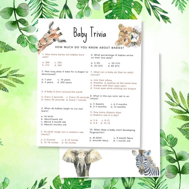 Papier Animaux Safari Baby Trivia | Jeu Baby shower (Créateur téléchargé)