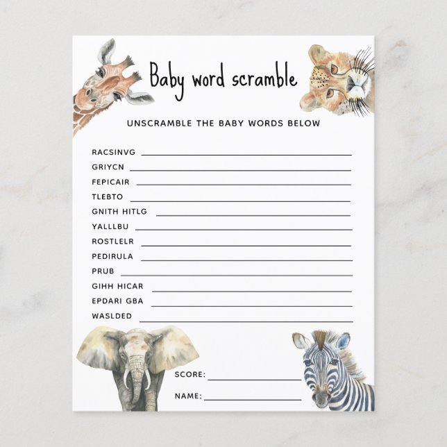Papier Animaux Safari - Bébé Mot Scramble (Devant)