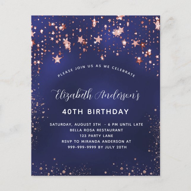 Papier Anniversaire bleu marine étoiles rose budget invit (Devant)