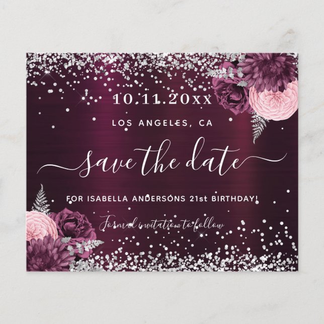 Papier Anniversaire bordeaux argent floral enregistrer la (Devant)