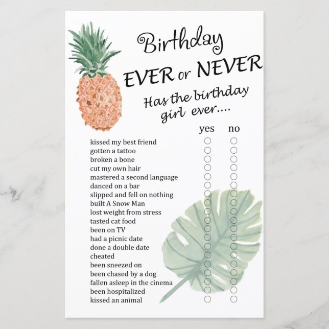 Papier Anniversaire de l'ananas jamais ou jamais jeu (Devant)