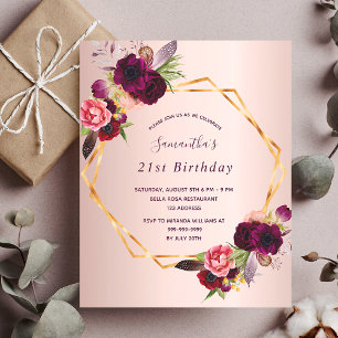 Papier Anniversaire fleurons or rose bordeaux geo invitat